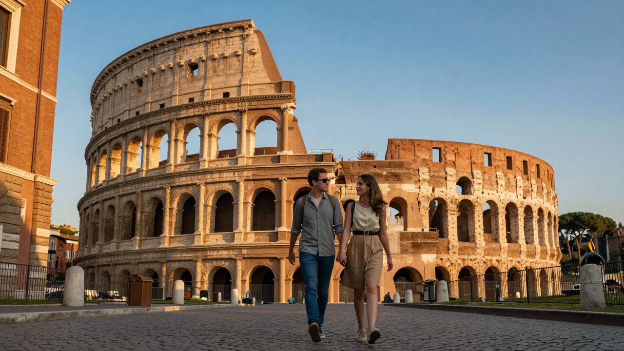 Пара прогуливается по историческому центру Рима на фоне Колизея в лучах заката