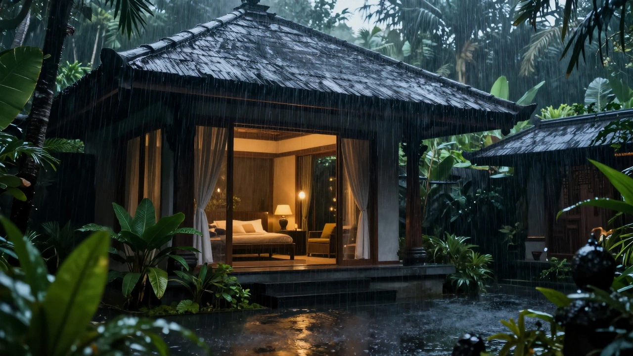 Роскошная вилла в джунглях Убуда во время сильного тропического ливня