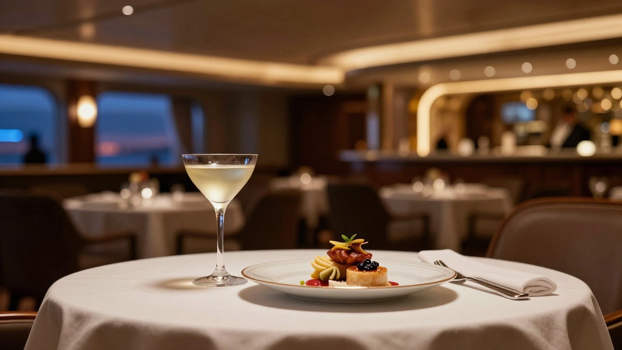 Роскошный коктейль и блюдо в элитном ресторане на борту лайнера