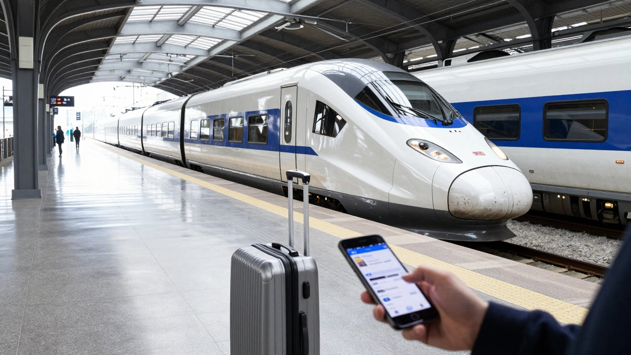 Современный европейский вокзал с высокоскоростным поездом и чемоданом