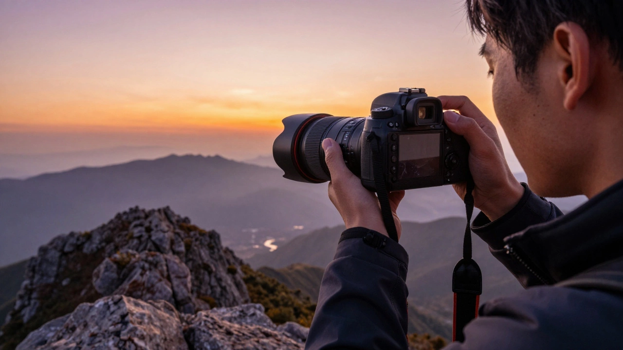 Фотограф снимает панораму гор с вершины на закате