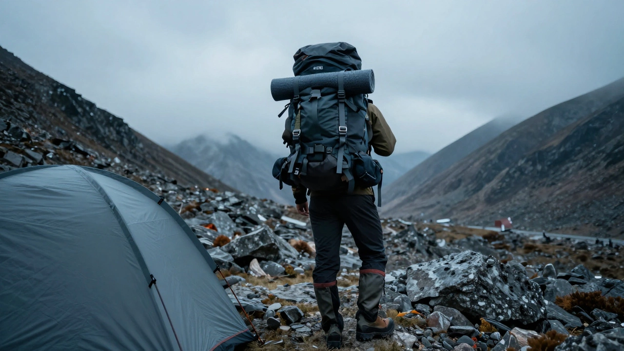 Трекер с тяжелым снаряжением и палаткой в дикой горной местности