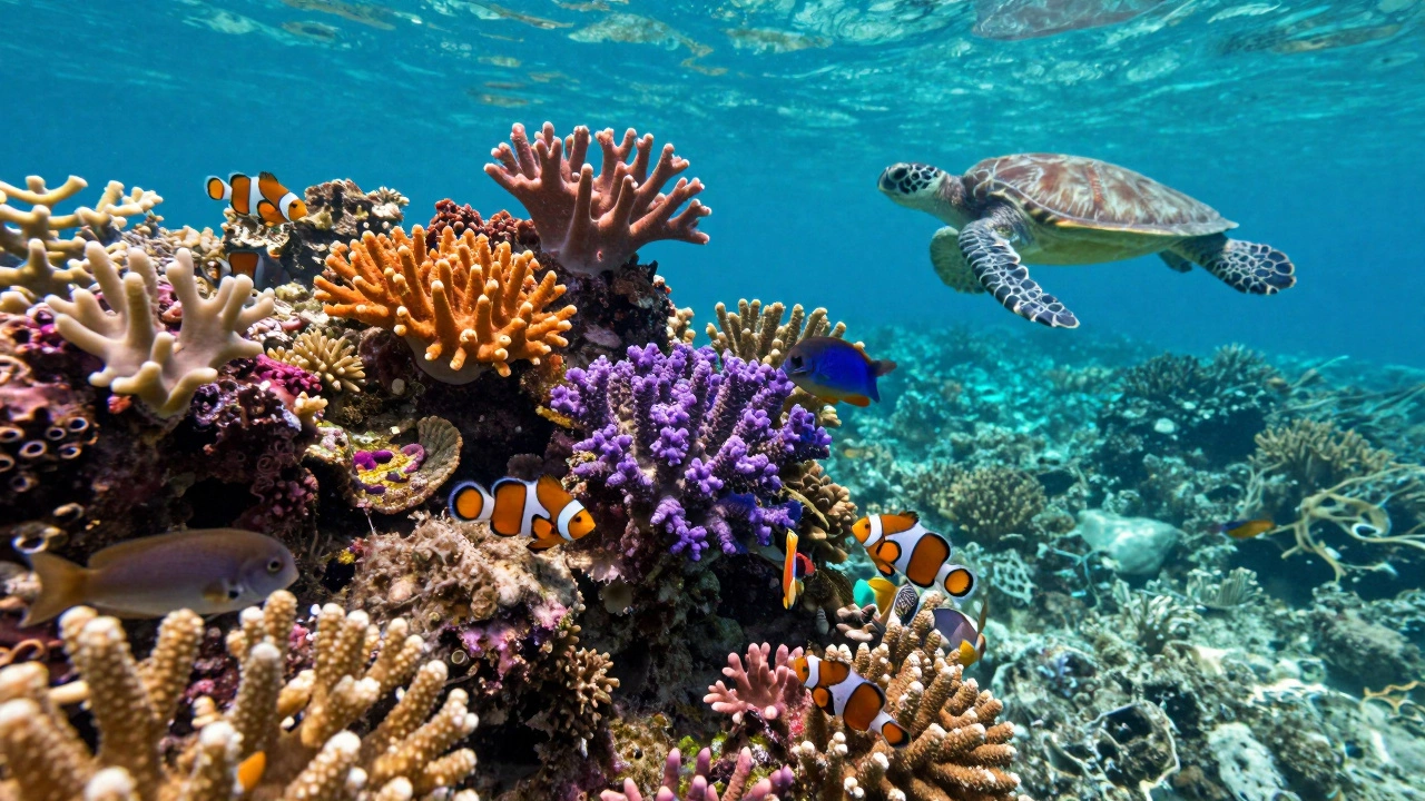 Яркие кораллы и тропические рыбы на подводном рифе в чистой воде