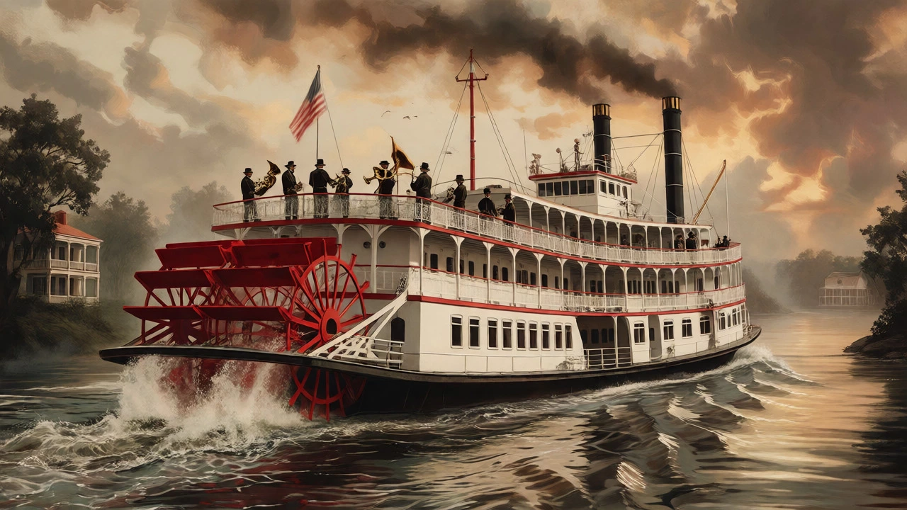 Ретро-пароход American Queen с красными колесами на закате